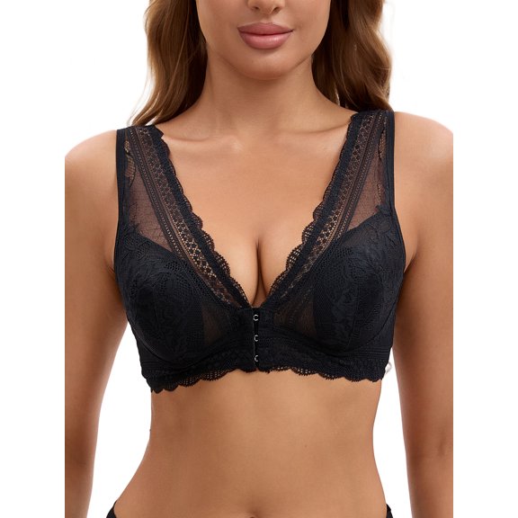 INSPIRE CHIC Women's Deep V Neck Lace Sheer Front Closure Wirefree Tank Back Training Plunge Bras M Black