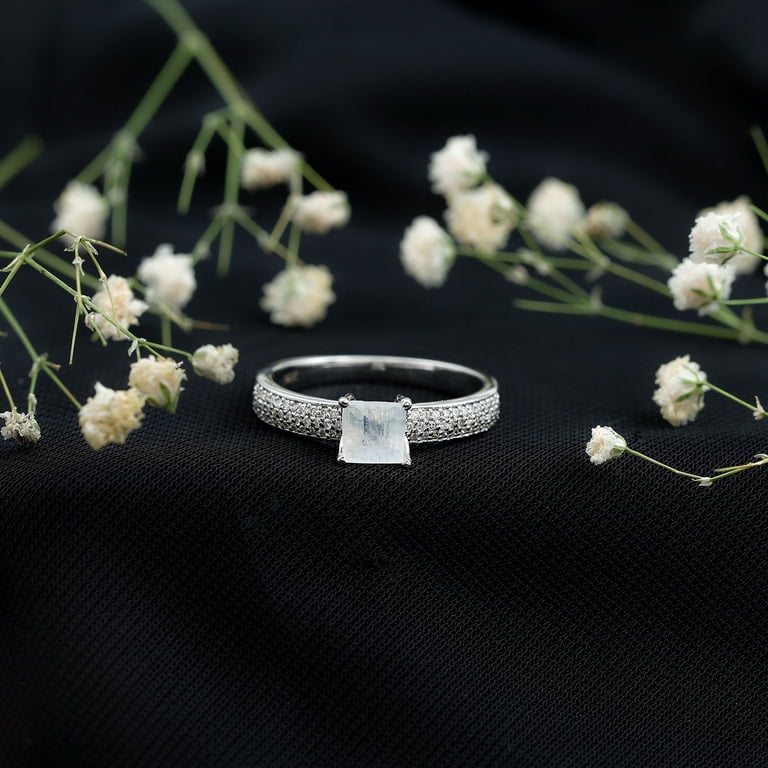 Rosec Jewels Engagement Ring Princess Cut Moonstone Ring with