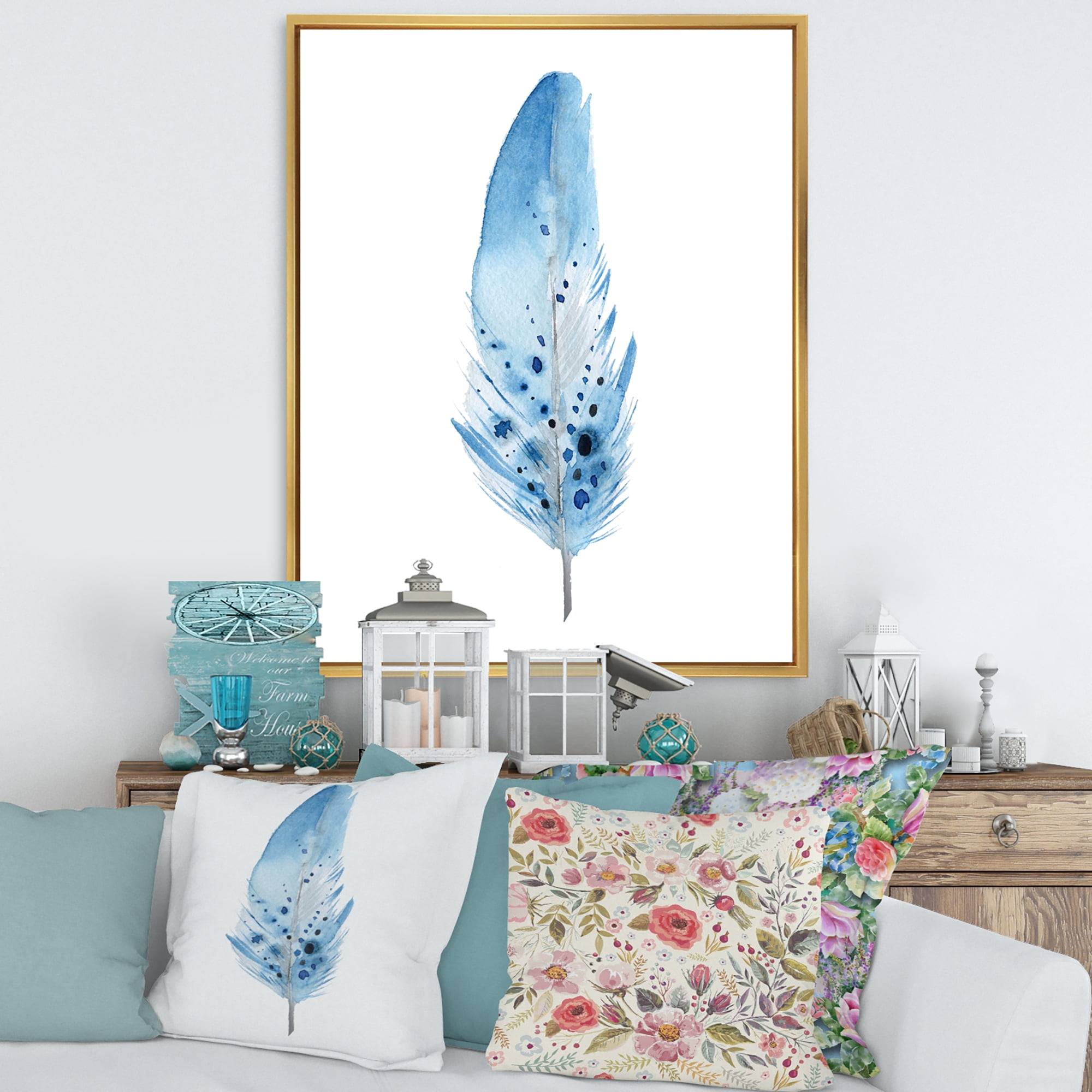 Designart 'Abstract Blue Boho Feathers' Bohemian & Eclectic Framed Canvas Wall Art Print
