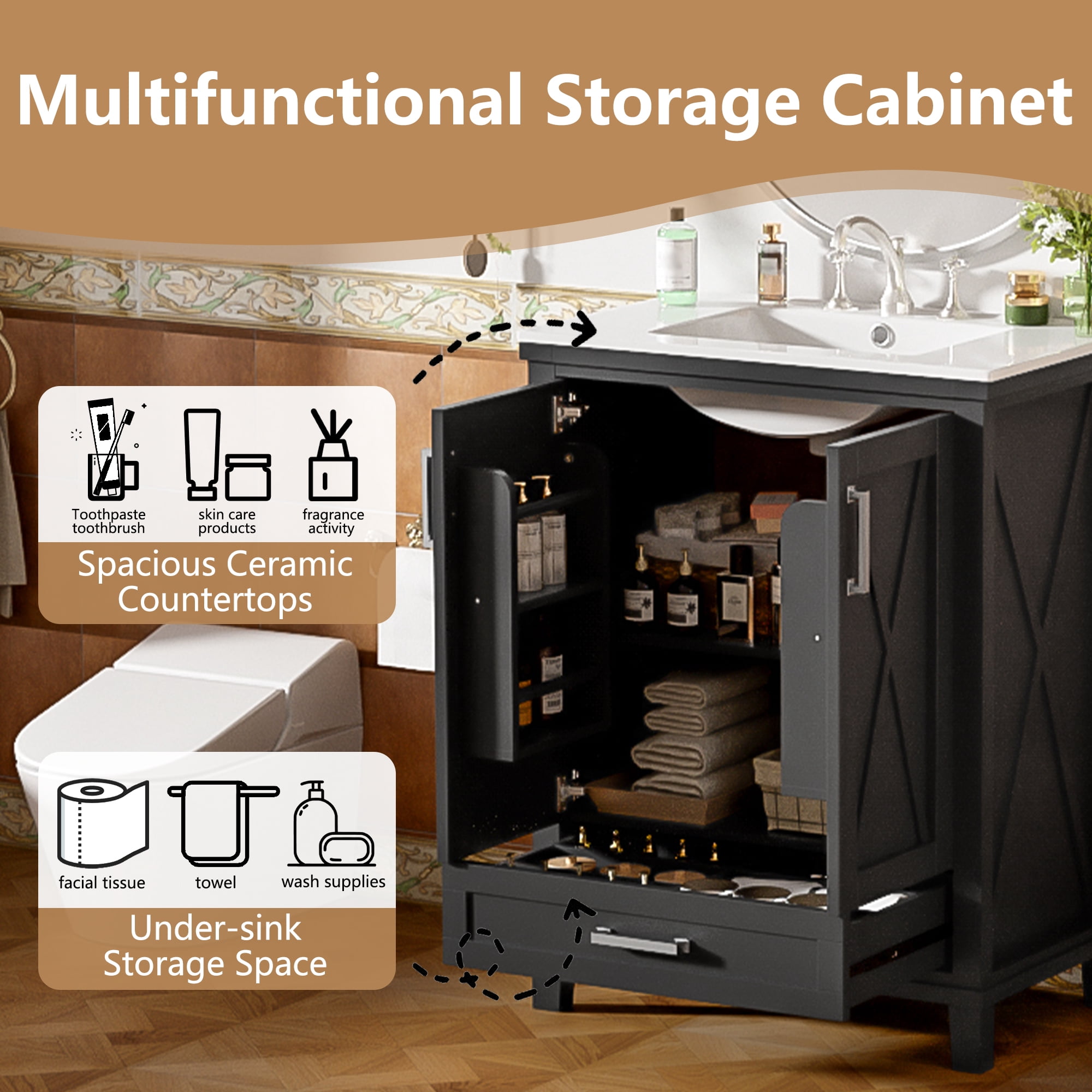 Euroco 24-inch Bathroom Vanity with Single Sink, Solid Wood Frame + MDF, 2 Soft-Close Doors, 1 Divided Drawer, Dual Storage Shelves, Ample Storage Space