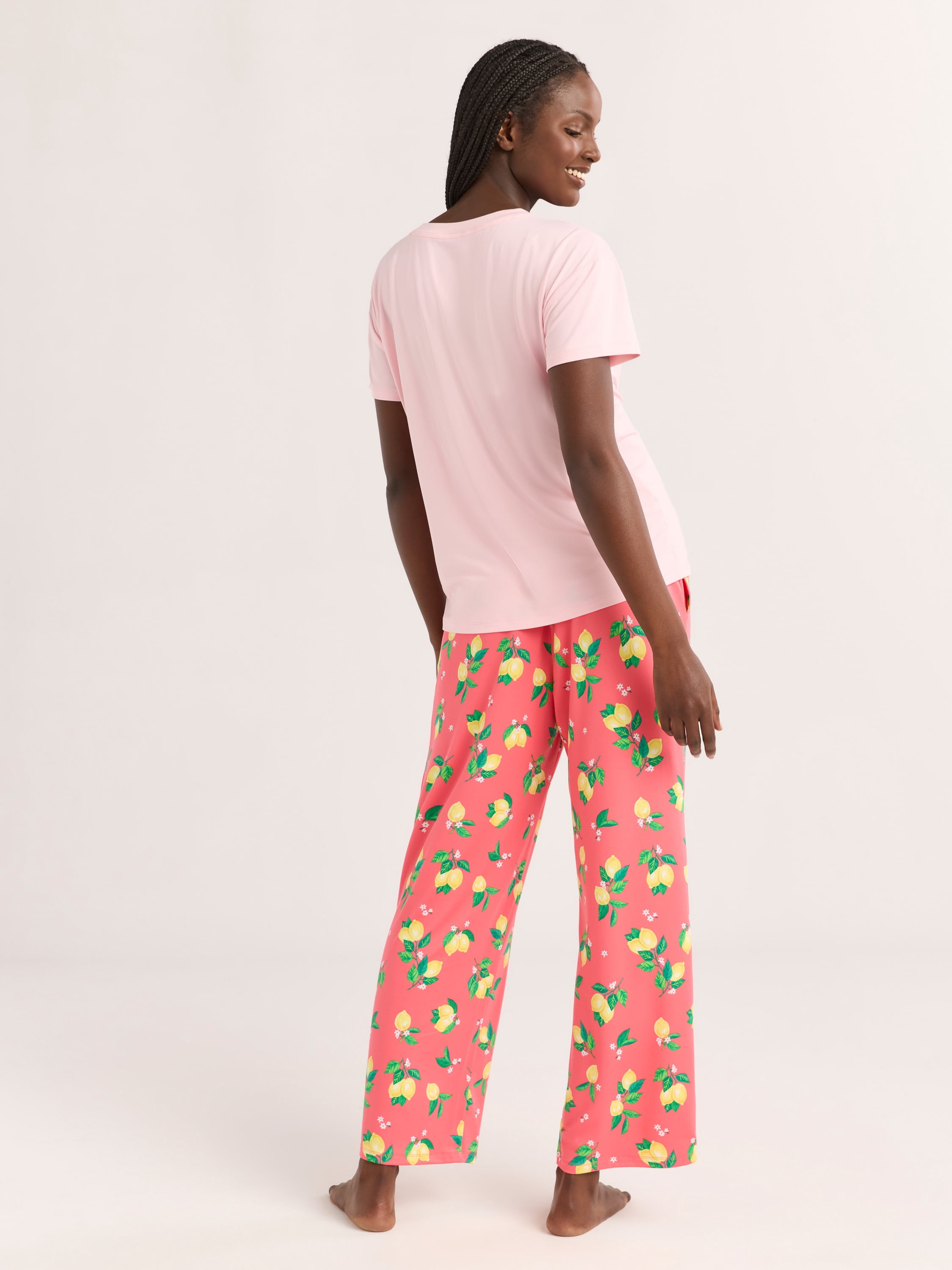 Joyspun Women's Short Sleeve Sleep Top and Open Leg Pants Pajama Set, 2-Piece, Sizes XS-3X