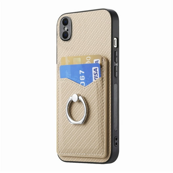 Allytech iPhone XS / X Case with Ring Holder Kickstand, Weave Texture Slim Fit Wallet Case with Cards Holder Shockproof Bumper Phone Case Cover for Apple iPhone XS / X - Khaki