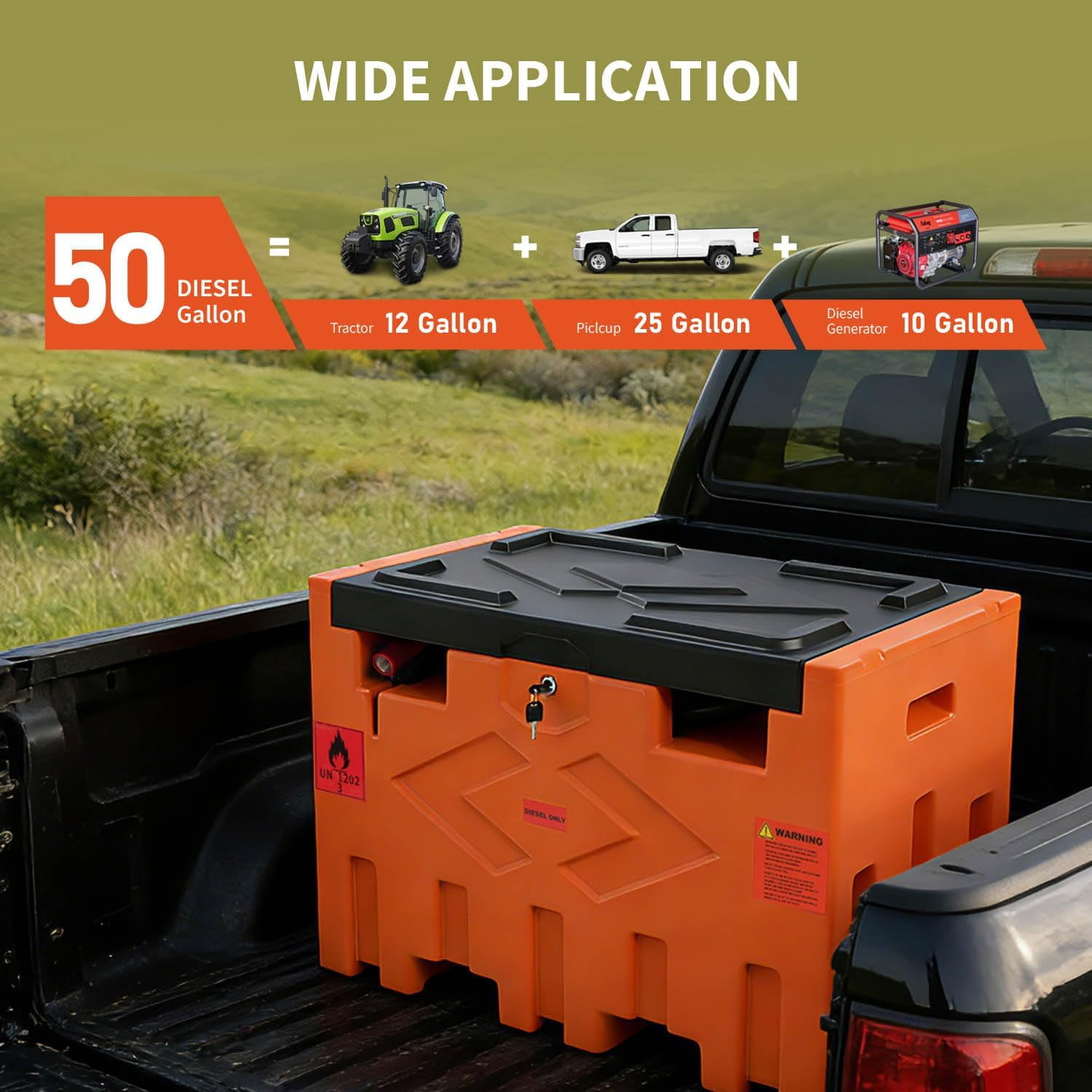 Portable 50 Gallon Diesel Fuel Transfer Tank with 12V Electric Pump, 11.9 GPM Flow Rate, 15ft Hose, Automatic Nozzle, Orange