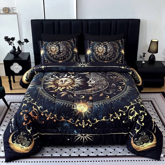 Sun and Moon Comforter Set, Celestial Bohemian Bedding, Black and Gold, with 2 Pillowcases.(Twin)