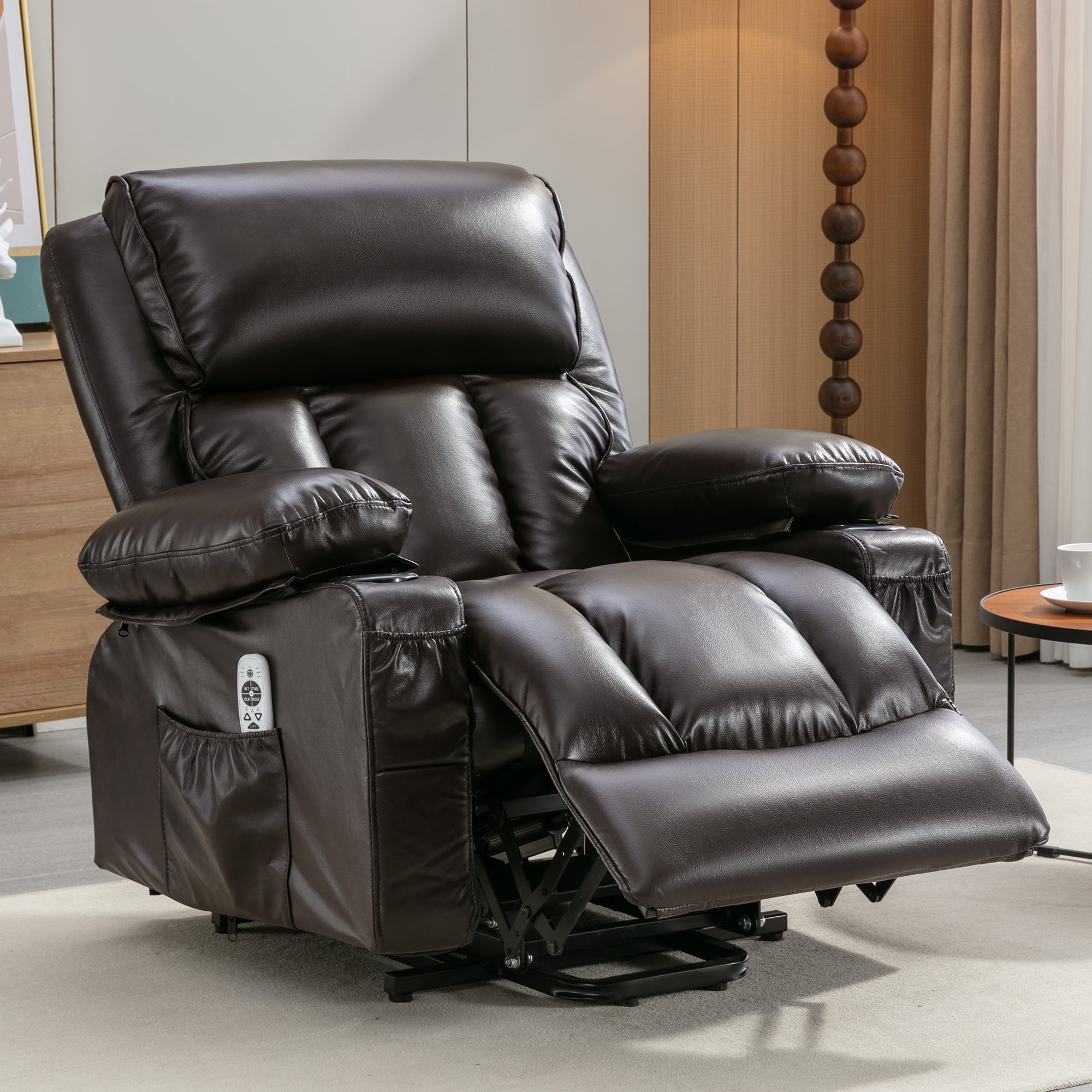 LEGAHOME Electric Power Lift Chair, Faux Leather Lift Recliner with Heat Therapy and Massage Function, Heavy Duty Reclining Sofa with Cup Holders and Side Pocket, Lift Chairs for Elderly, Brwon
