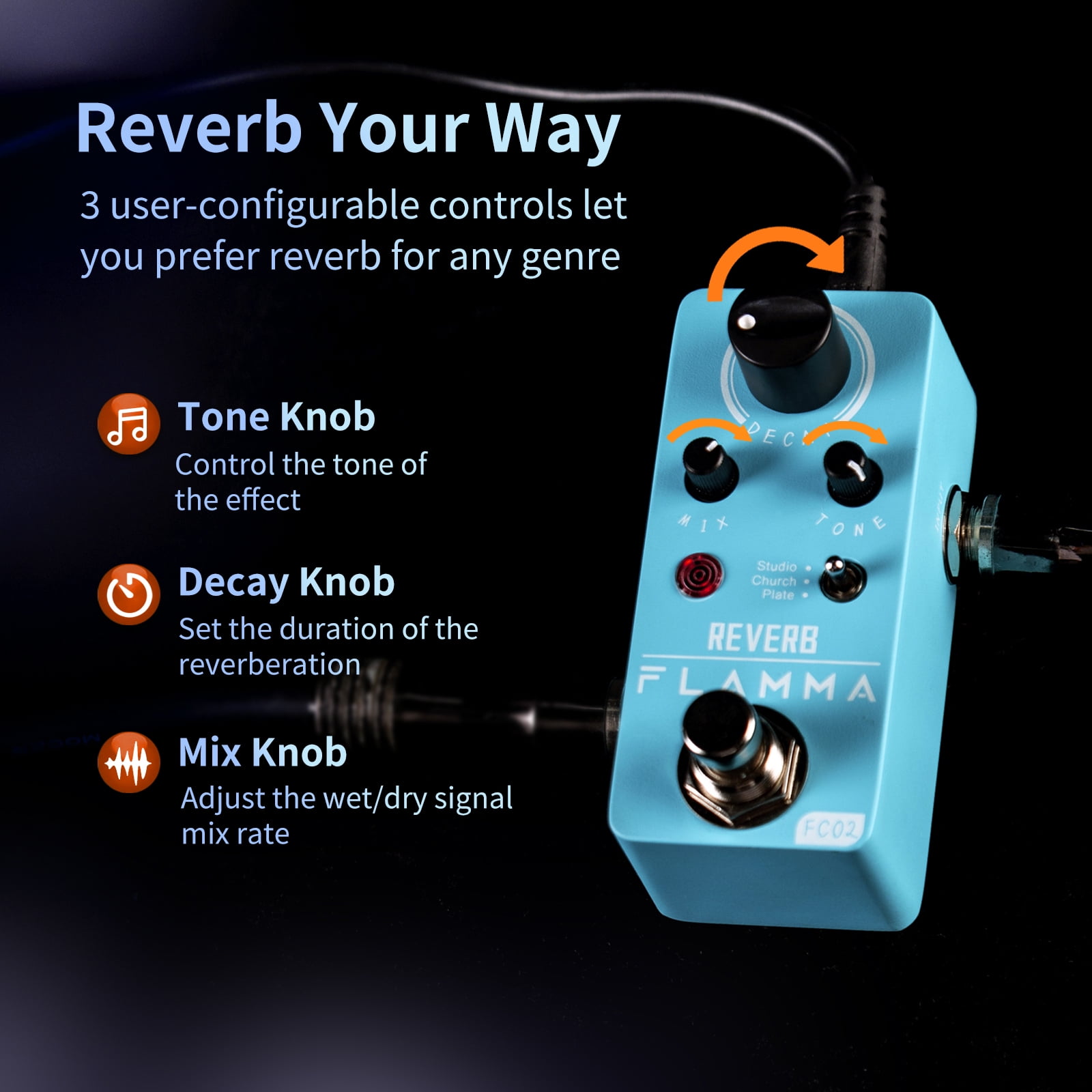 FLAMMA FC02 Mini Reverb Pedal Digital Guitar Effects Pedal with Church Plate Studio Reverb True Bypass