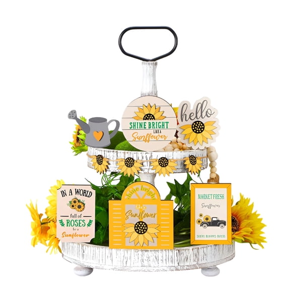 LAMIRO Home Decor,Summer Sunflower Tiered Tray Decor Farmhouse Wood Decorative Ornament Room Decor,Serving Tray