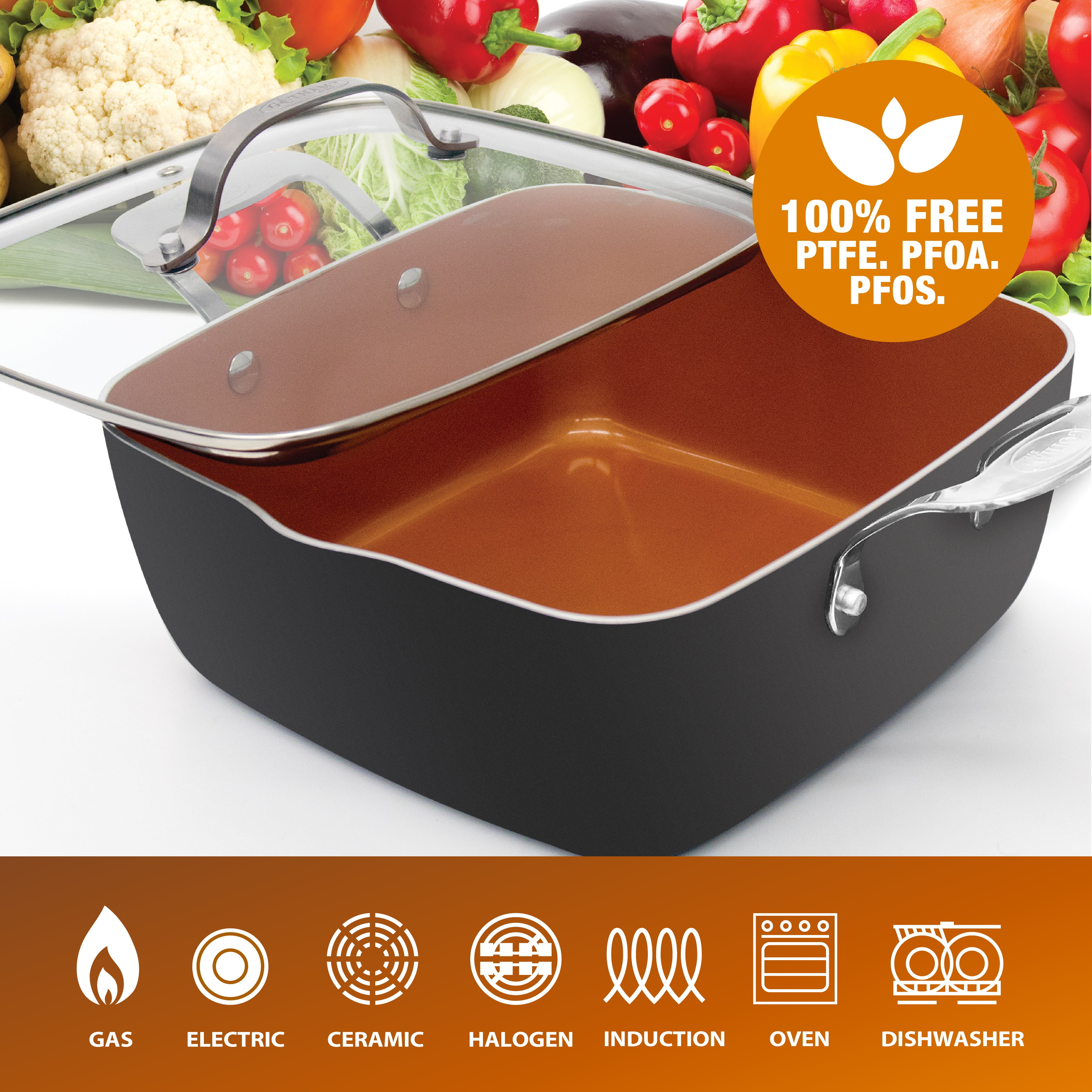 Gotham Steel gotham steel titanium ceramic 9.5? non-stick copper deep  square frying & cooking pan with lid, frying basket, steamer tray, 4