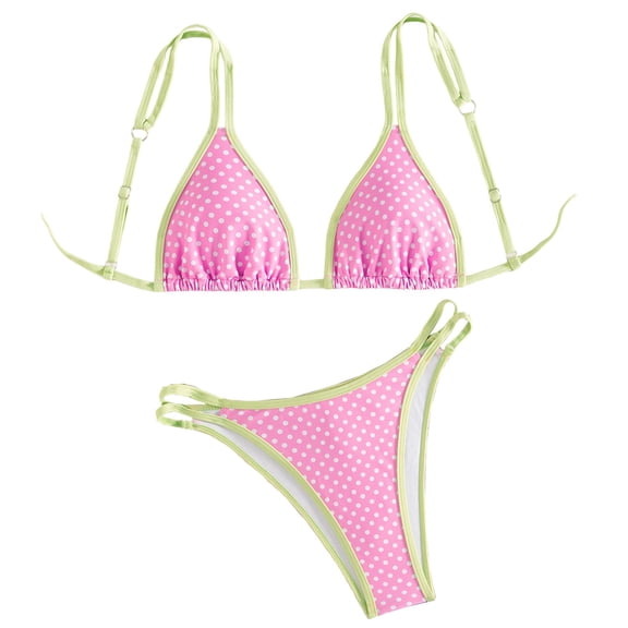 Qingpeng Women's 2 Piece Polka Dot Bikini Sets Cute Double Straps Halter Swimsuit Contrast Swimwear Triangle Bathing Suit