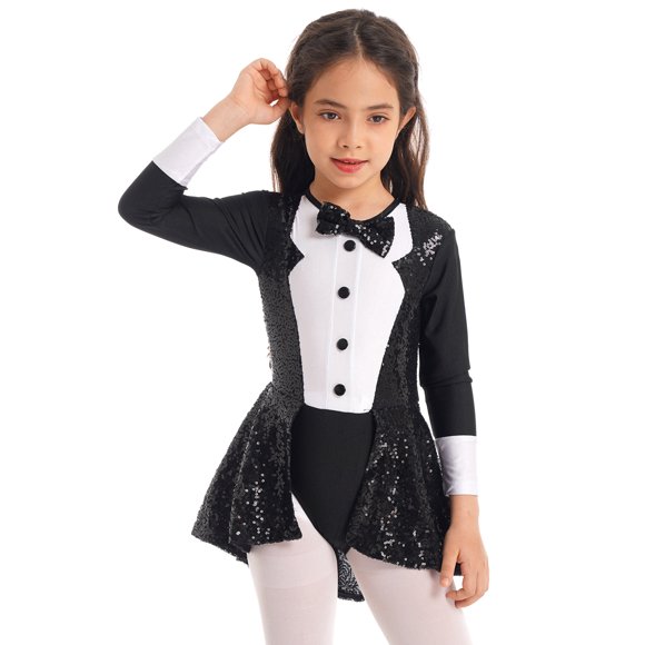 YiZYiF Kids Girls Circus Leotard Dress Circus Ringmaster Halloween Cosplay Fancy Dress Up Sequin Dance Costumes Tutu Dress Black 10