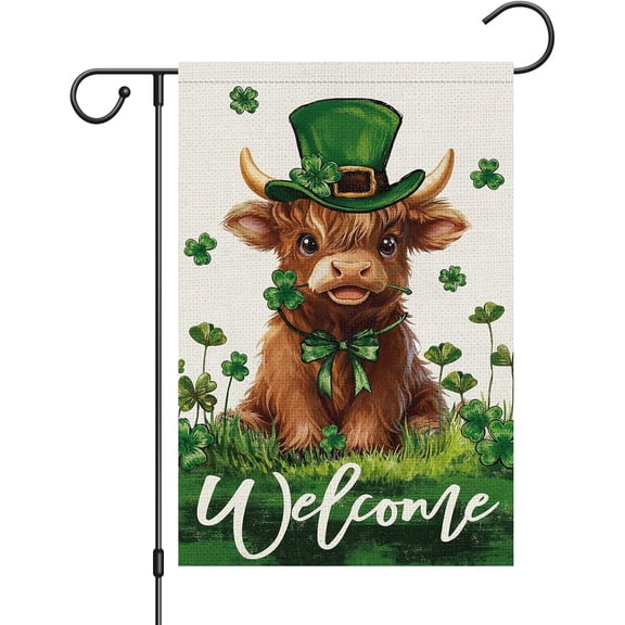 Welcome St. Patrick''s Day Garden Flag 12x18 Inch Double Sided, Highland Cow with Green Hat Lucky Shamrocks Small Burlap Yard Flag Irish Holiday Farmhouse Outdoor Decor
