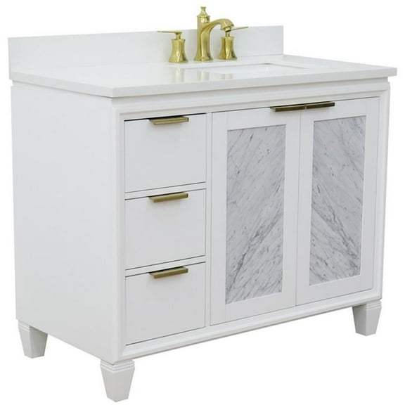 Trento 43" Solid Wood Vanity with Right Rectangle Sink in White Quartz Stone