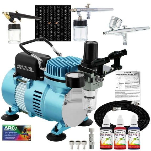 Master Airbrush Tattoo System 3 Airbrushes, Air Compressor, Book of 100 Stencils, 6' Hose, Airbrush Holder, 3 Quick Couplers, Black, Red & Blue Temporary Tattoo Ink