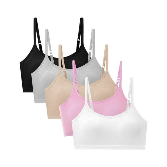 5-Pack Comfortable Girls' Seamless Camisole Bras for Ages 10-17, All-Season Knit Fabric with 90% Polyamide & 10% Elastane, Medium Stretch, Solid Color, Off-the-Shoulder Style