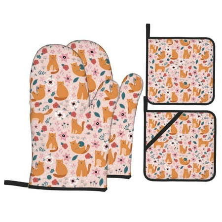 

Oven Mitts and Pot Holders Sets 4 pcs Pink Cute Raccoon Cat Flowers Non-Slip Oven Gloves Potholders Soft Quilted Lining Heat Resistant Gloves Hot Pads for Kitchen Cooking Baking