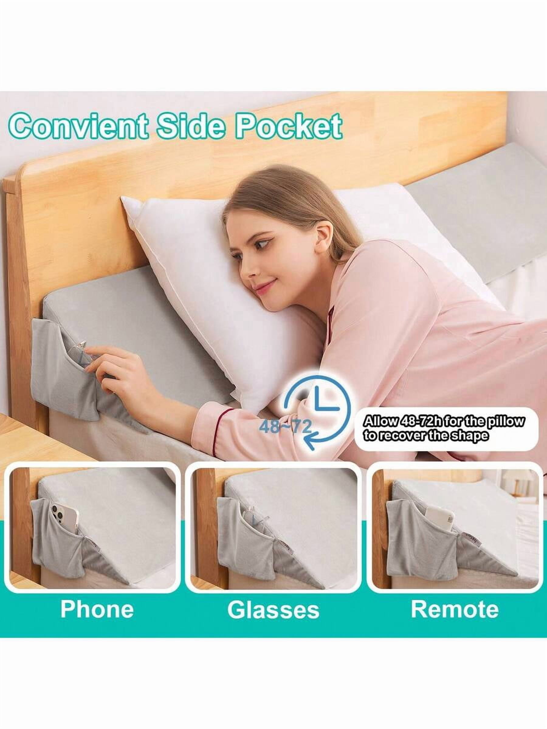 Contoured Wedge Pillow With Removable Gray Cover - 100% Foam Bed Gap Filler & Backrest Support For Sleeping, Machine Washable, Medium-Soft Comfort For Full-Body Support, Elegant Bedroom Accessory