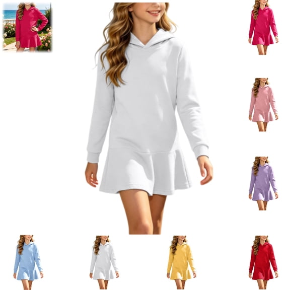 YOUYEDIAN Solid Color Hoodie Dress for Girls Casual Fashion Long Sleeve Hooded Mini Dress