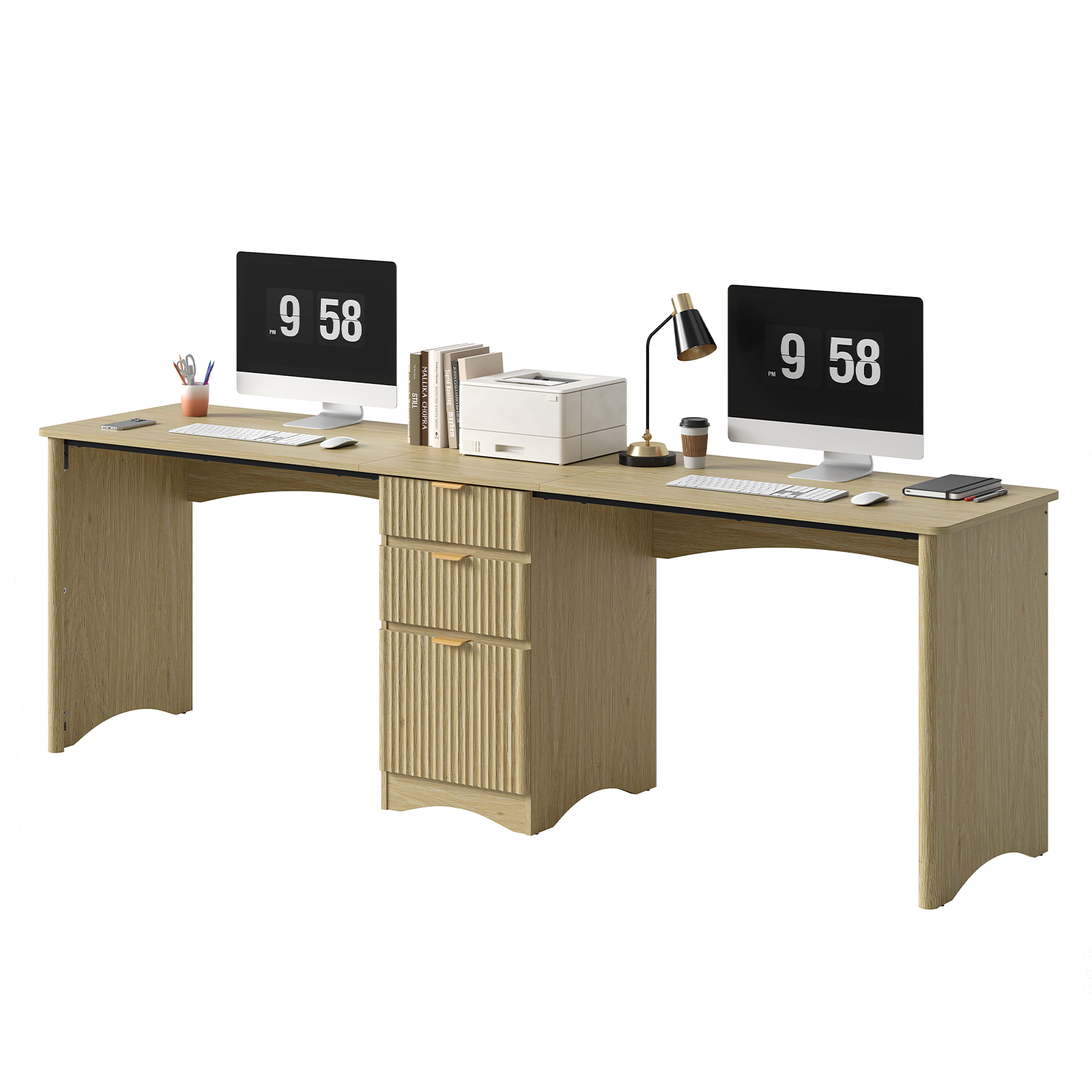 Bestier 95" Two Person Computer Desk with Drawers, Oak photo 5