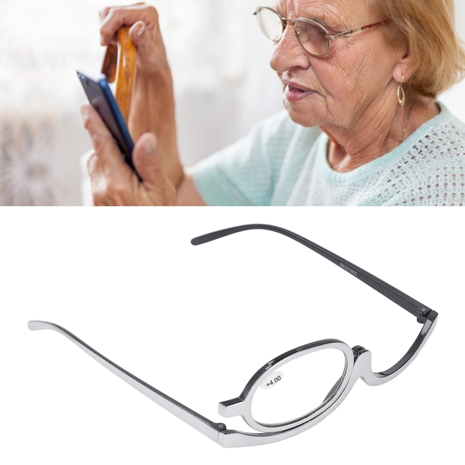 Magnifying Makeup Glasses, Single Flip Up Lens  180 Degree Rotation Makeup Reading Glasses  for Makeup +4.00