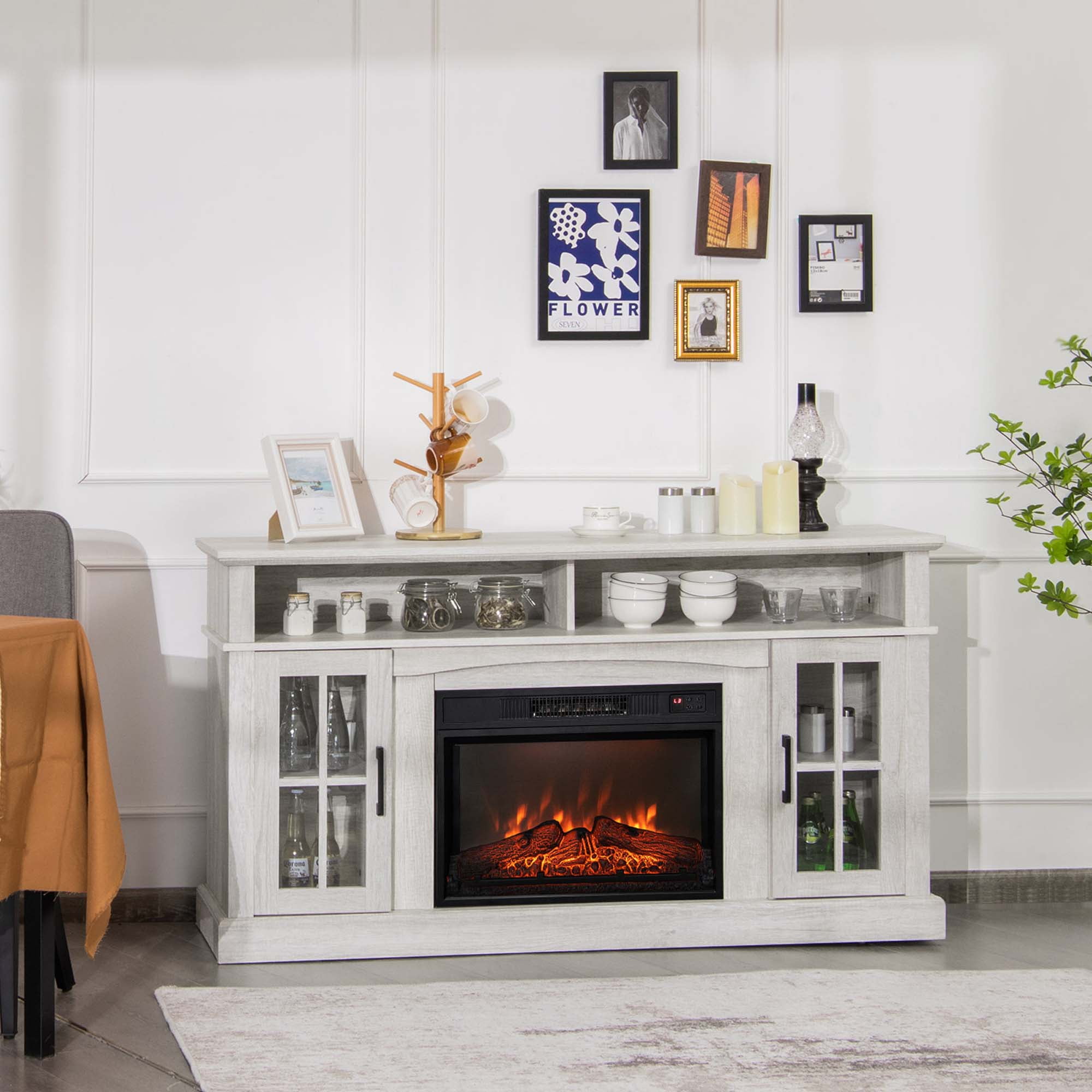 Costway 58" Fireplace TV Stand W/ 1400W Electric Fireplace for TVs up to 65 Inches Grey