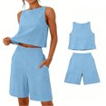 thumbnail image 4 of Cagogo Women Plus Size 2 Piece Shorts Set Round Neck Sleeveless Crop Top Casual Summer Outfits Loose Fit Matching Lounge Sets Tracksuits Travel Airport Clothes, Sky Blue S, 4 of 6