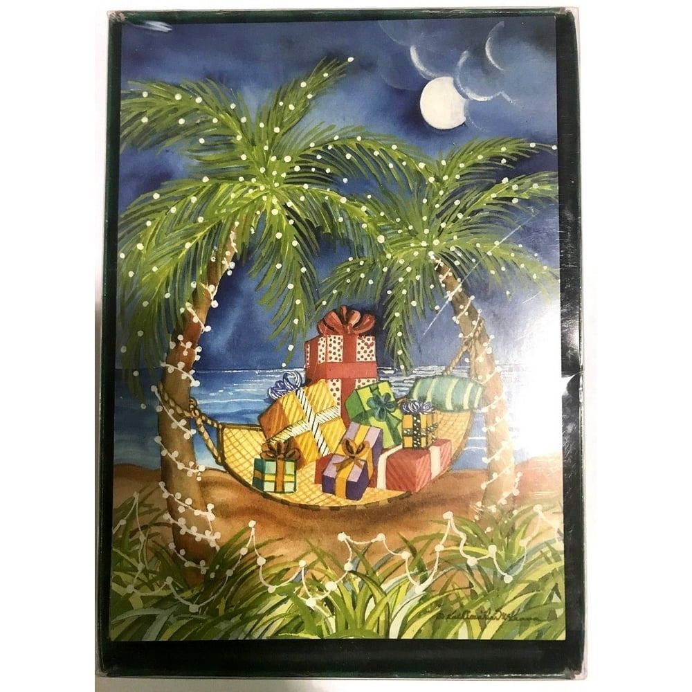 Palm Tree Hammock Filled Presents Box Of 18 Christmas Cards By LPG 
