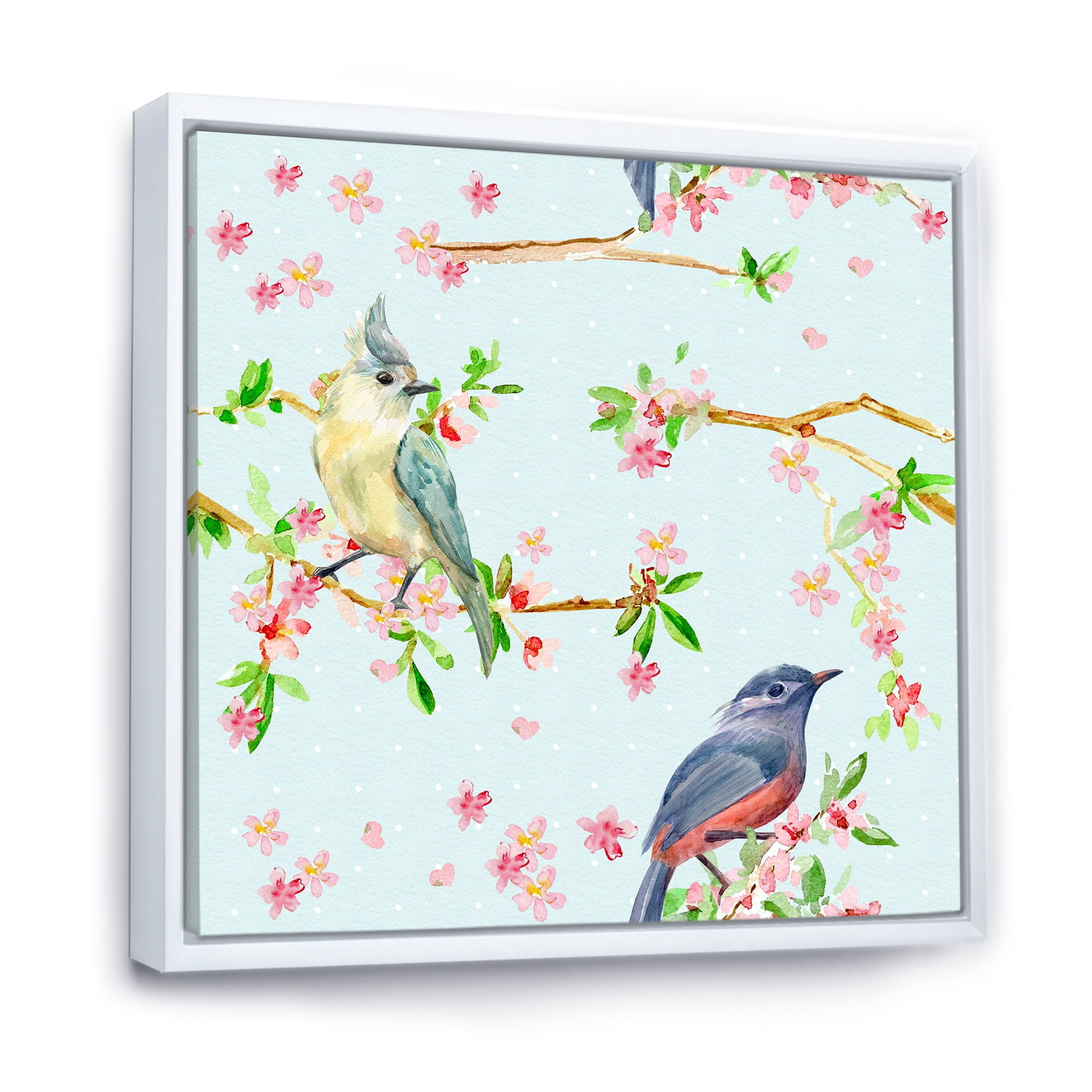 Designart 'Birds and Flowers Pattern In Blue' Traditional Framed Canvas Wall Art Print
