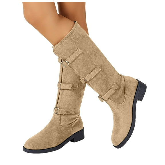 Mid Calf Riding Boots for Women Suede Buckle Strappy Round Toe Low Heel Long Fall Winter Booties