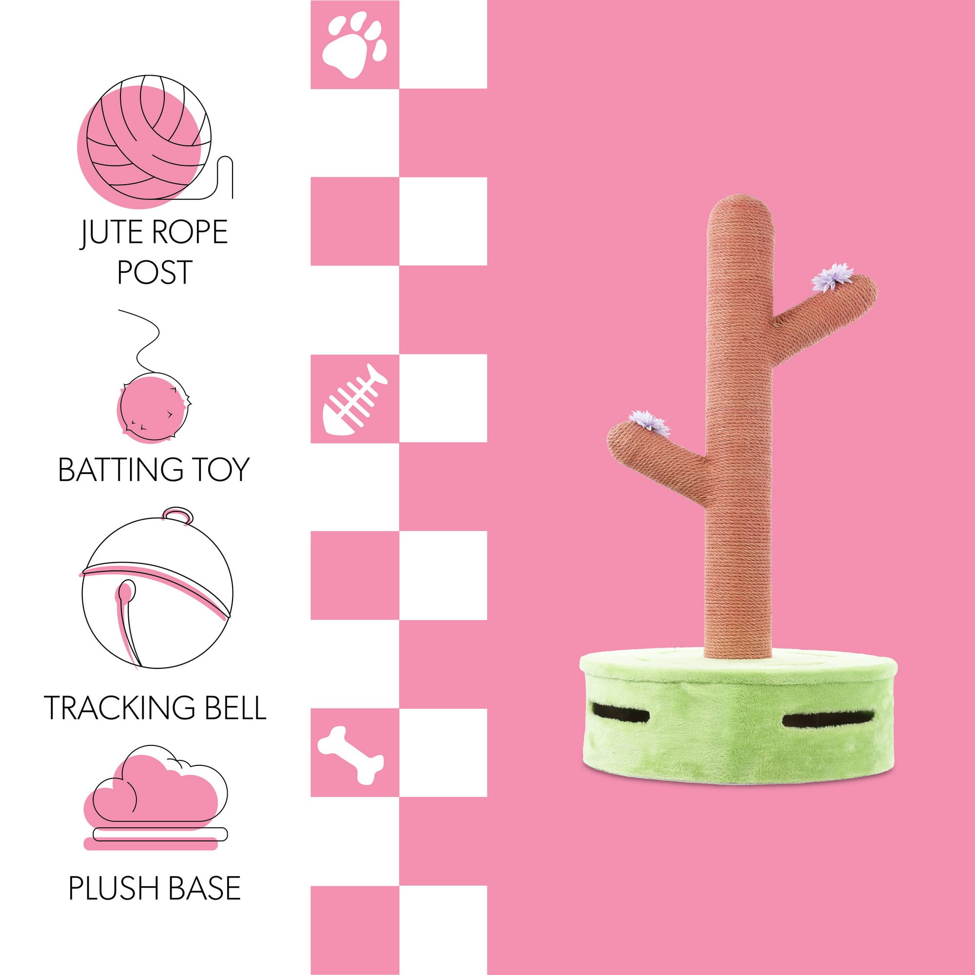 THE LICKER STORE Rosa 36" Modern Jute Cactus Cat Scratching Post with Flower Toys and Built-In Bell Toys, Pink/Green, CTR1004A