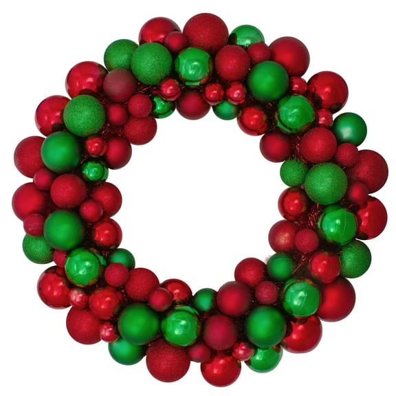 Northlight 3-Finish Shatterproof Ball Christmas Wreath - 24" - Red and Green - Unlit