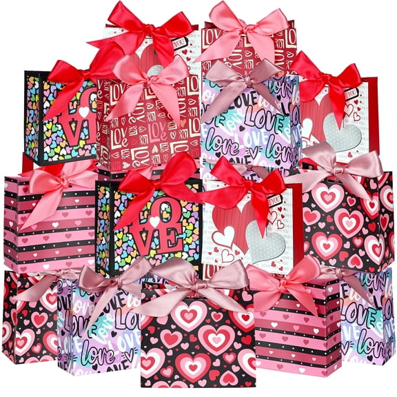 24 Pcs Valentine Gift Bags, 4.5x3.9x1.8 inche Valentine's Day Goodie Bags Bulk, 6 Cute Patterns for Party Favors, School Exchange, Gift Wrapping – Perfectly Sized for Treats and Small Gifts