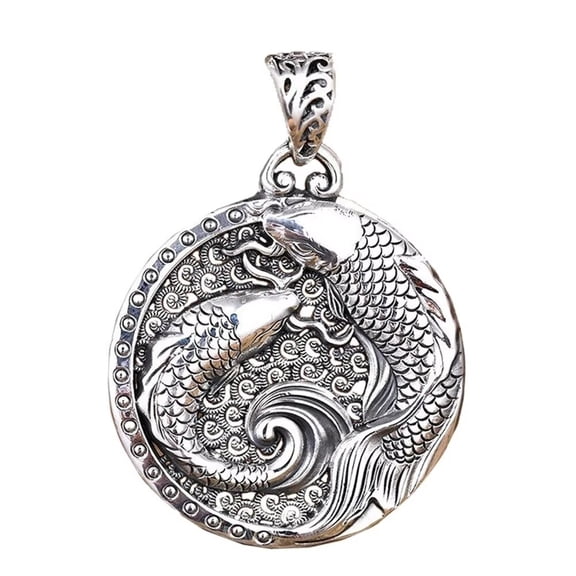 PAURO Men's Stainless Steel Round Personality Carved Swimming Koi Fish Pendant Cool Necklace with Chain