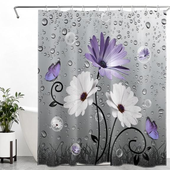 HVEST Farmhouse Floral Shower Curtain, Purple and White Daisy Flower Shower Curtain - Rustic Vintage Gray Bathroom Decor, Waterproof Polyester Fabric, Includes 10 Hooks, 60x72 Inches