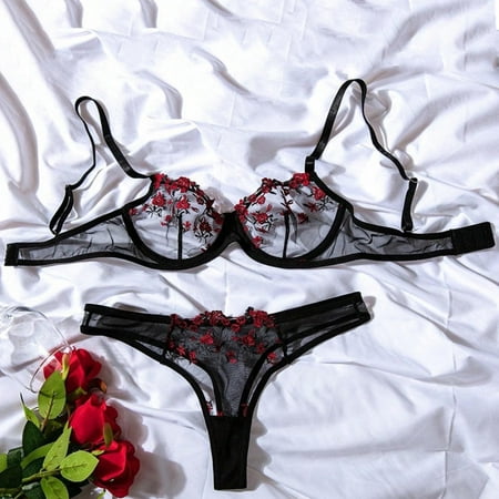 UKLSQMA Women s Sexy Lace Floral Bralette Corset Two-Piece Underwear Set Fashionable Lingerie for Bedroom or Special Nights Black M