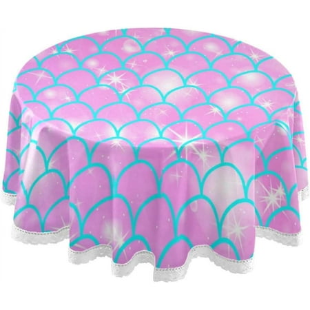 SKYSONIC 60" Mermaid Scales Round Tablecloth Glow Colorful White Blue Table Cloth Cover Mat Washable Polyester Home Decorative for Dining Wedding Holiday Party