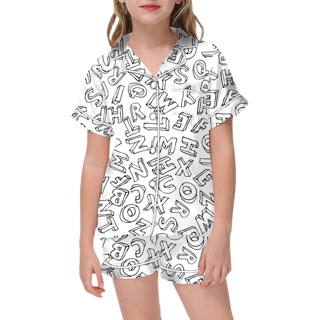 Ensemble de Pyjamas en Soie pour Filles Imprimé Lettres Boutonné avec Shorts 2 Pcs Pyjamas d'Été Décontractés pour Filles 6-7