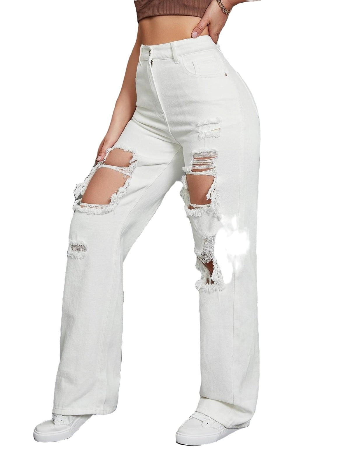 Gurgle tilnærmelse Styre Women's High Waist Ripped Boyfriend Jeans Denim Pants White - Walmart.com