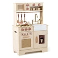 thumbnail image 1 of Costway Kids Play Kitchen, Wooden Pretend Kitchen Playset with Rattan Doors, Stoves Yellow, 1 of 10