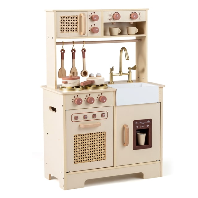 Costway Kids Play Kitchen, Wooden Pretend Kitchen Playset with Rattan Doors, Stoves Yellow