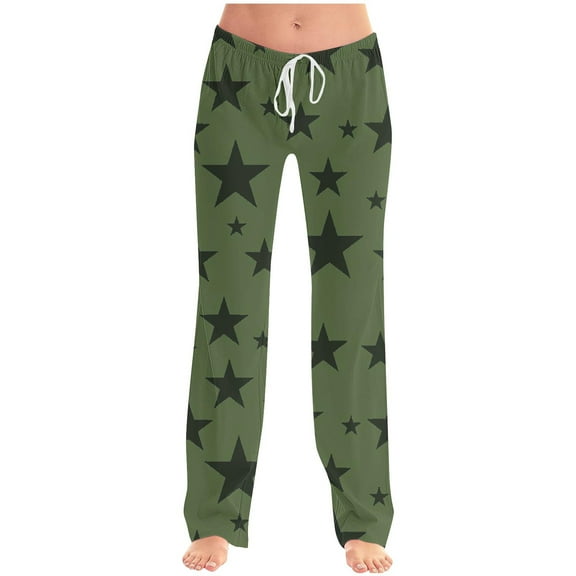 Wyobmus Loose Fit Lounge Pants for Women Soft Casual Drawstring Tie Elastic Waist Printed Wide Leg Jogger Pants With Pockets Olive Green