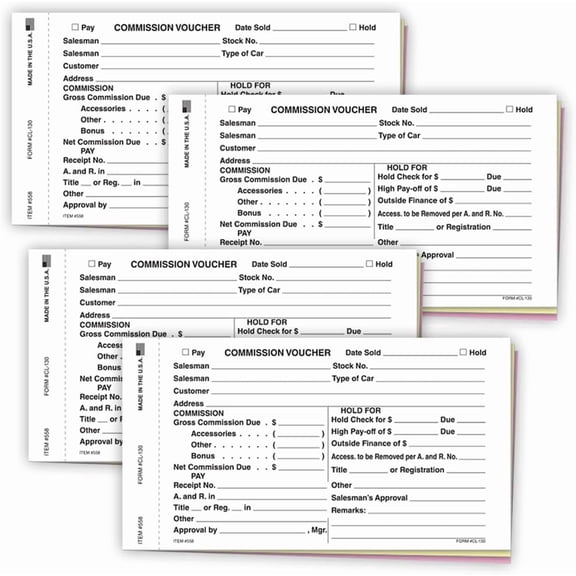 Commission Voucher Forms Gross Net - 3 Part Carbonless NCR Snap Out Vouchers, White Canary Pink Accounting Forms, Black Ink, 7.75 x 4.25 Inch Commission Payment Slips - Pack of 400