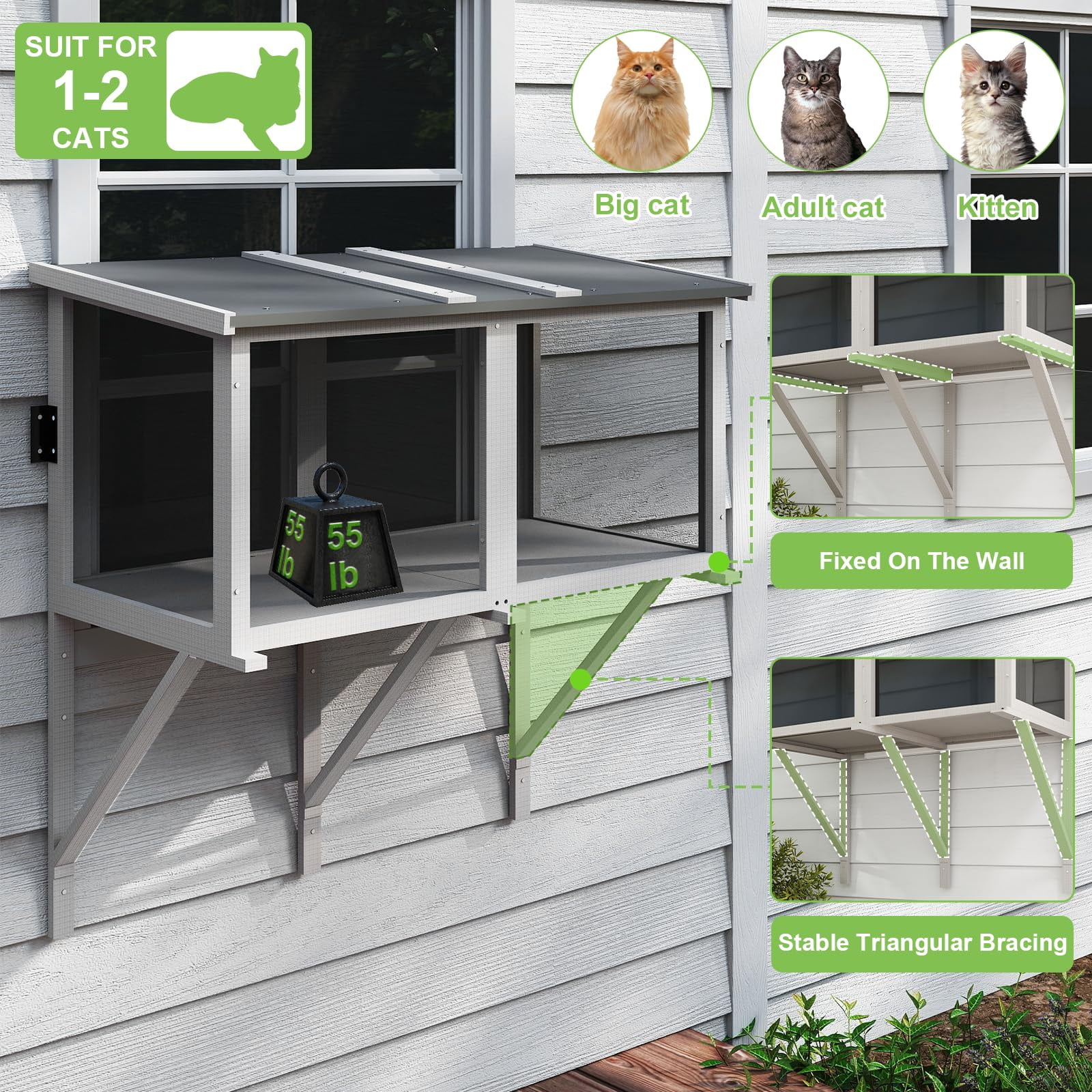 Gowoodhut 46.85" L Cat Window Box,Wooden Cat Window Enclosure for 1-3 Cats,Window Catio Outdoor Enclosure