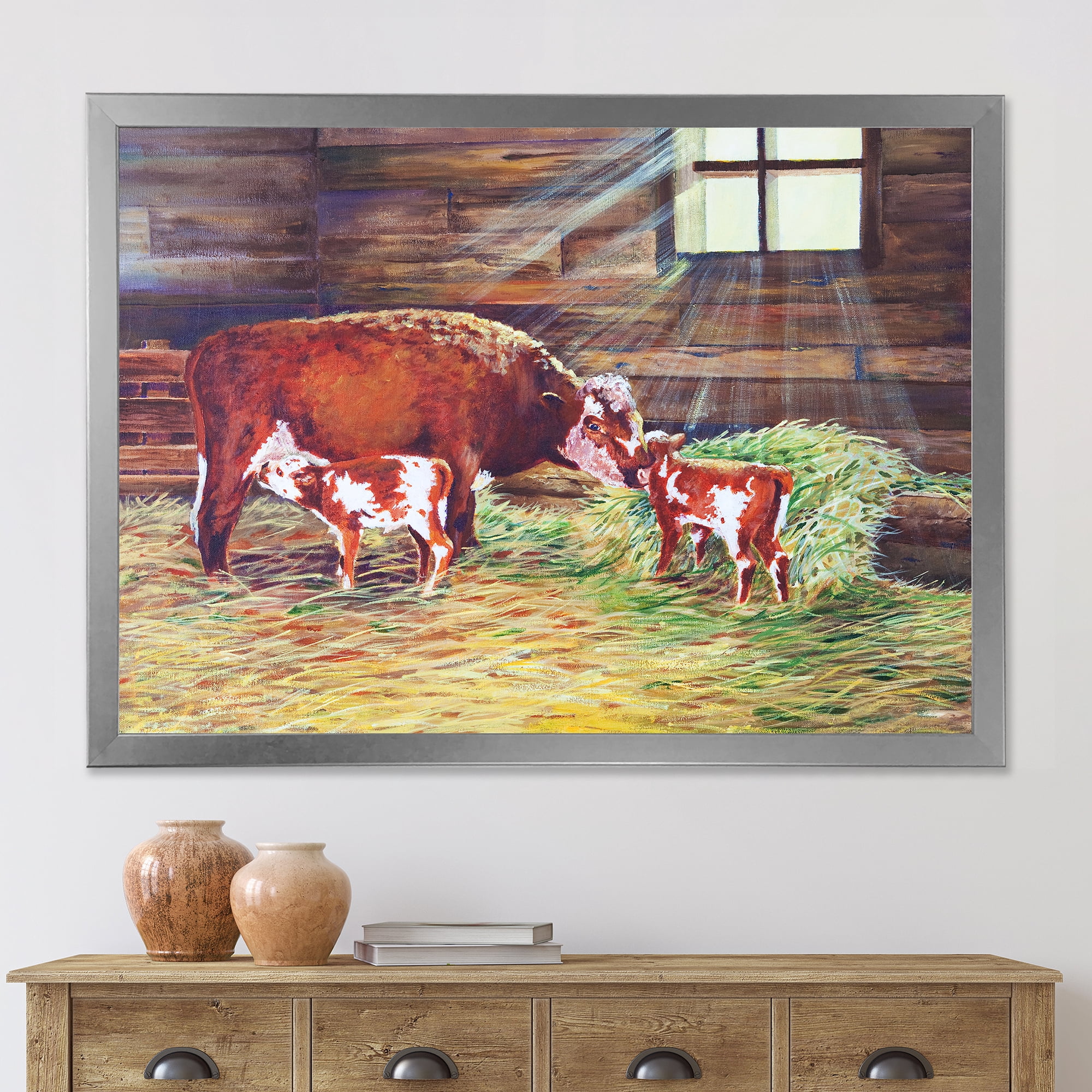 Designart 'Newborn Twin Calves With Cow At The Farm' Farmhouse Framed Art Print