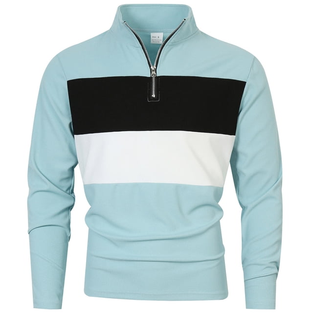 Blusa y camisa de manga larga con cuello alto para hombre, estilo informal, media cremallera, bloqueo de color, cuello alto, manga larga, abrigo de poliéster para hombre