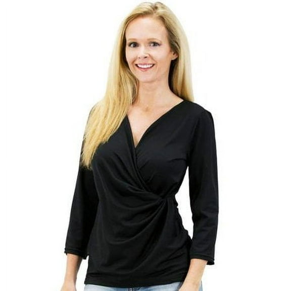 2 For 1 Clothes Women's Solid/Print V Neck 3/4 Sleeve Knit Front Drape Wrap Jersey Tops Side Shirring Blouse (S)