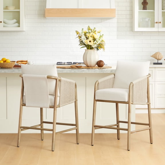 CHITA Counter Height Bar Stool with Braid Wood Arm Set of 2, Fabric in Cream