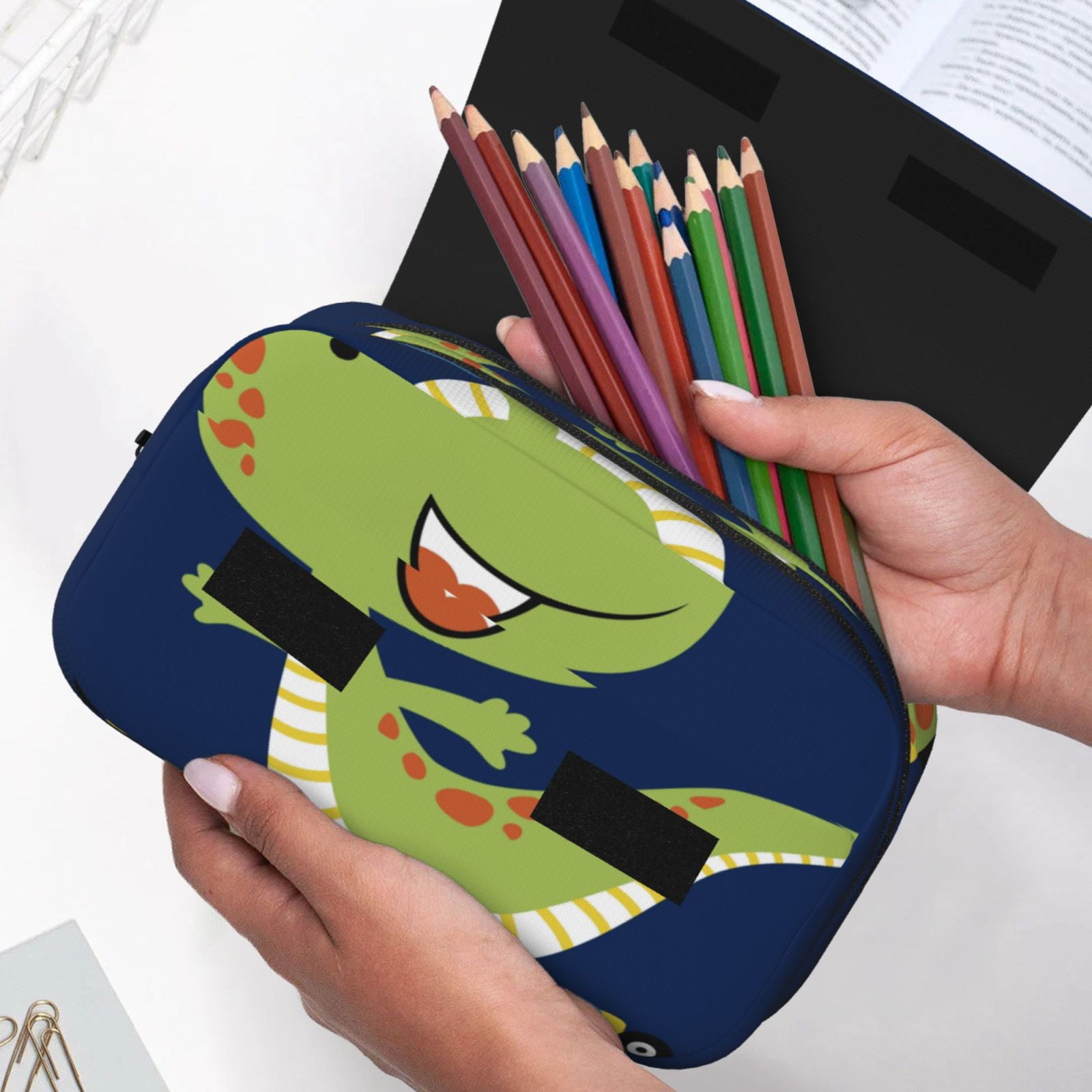 Rateoe Dino Playing Roller Skate Pattern Double Clamshell Pen Case, Storage Organizer with Two Zipper Compartments– Holds Up to 50 Pencils & Pens