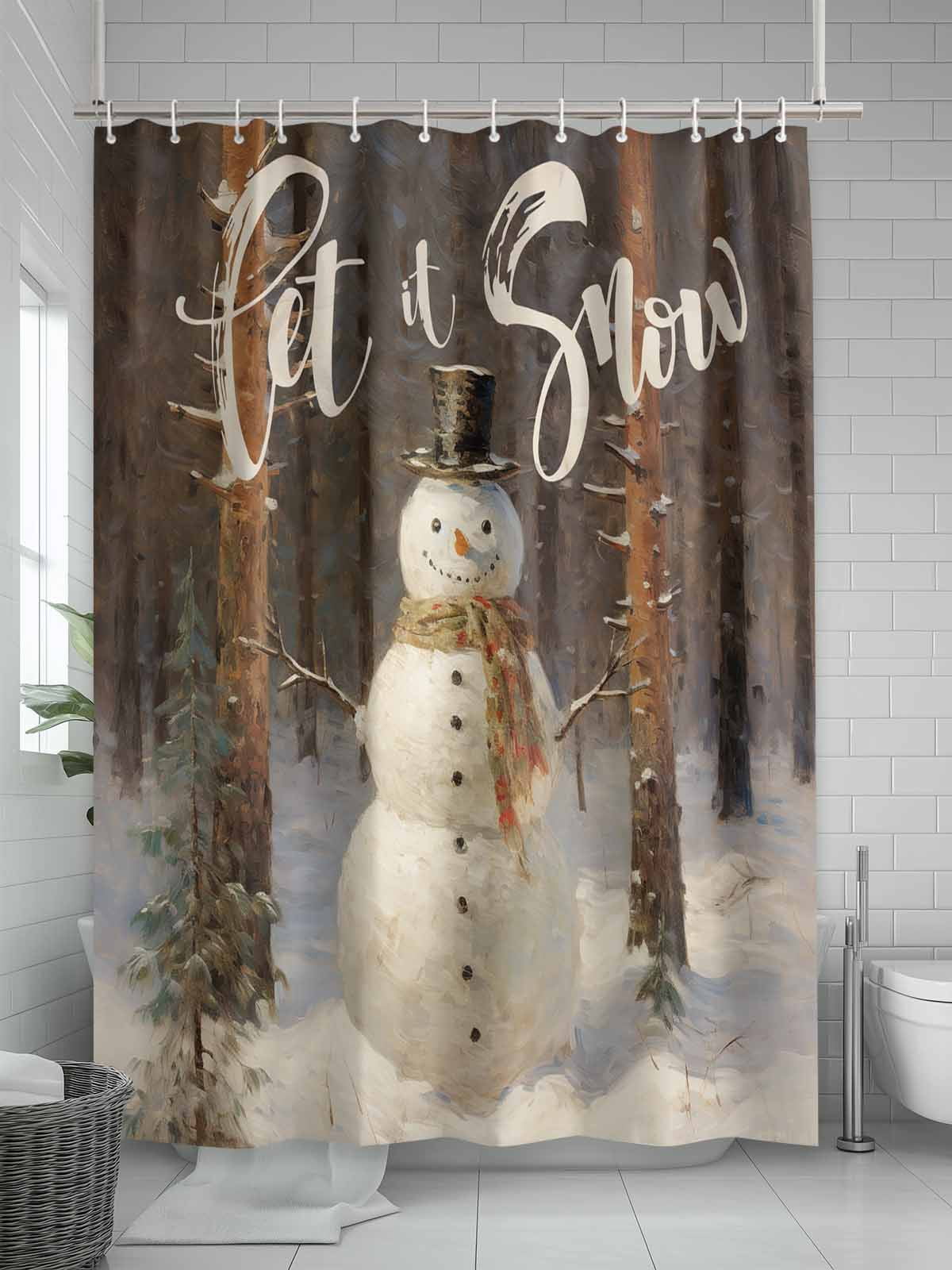 Christmas Shower Curtain Set, Waterproof Shower Curtains for Bathroom, Xmas Tree Snowman Let Snow Oil Painting Washable Fabric Cloth Bath Curtain for Bathtub Decoration with Hooks 72x78 Inches