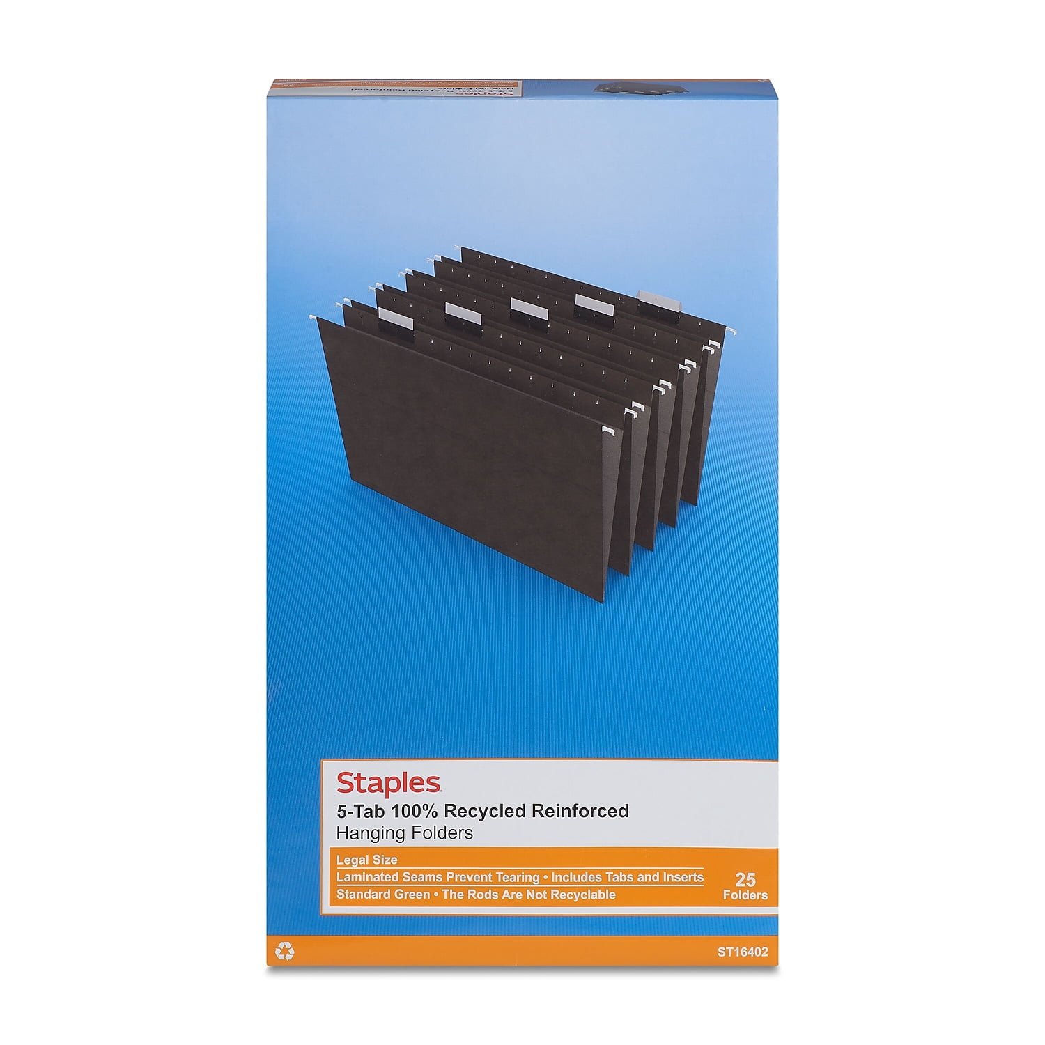 Staples Recycled Reinforced Hanging File Folders 5-Tab Lgl Std Gn 25/BX 726595