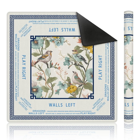 Beige Birds Chinoiserie Floral Mahjong Mat 31.5 x 31.5 Inch, Vintage Botanical Non-Slip Noise Reduction Mahjong Table Mat for American Mah Jong Poker Card Board Games Dominoes